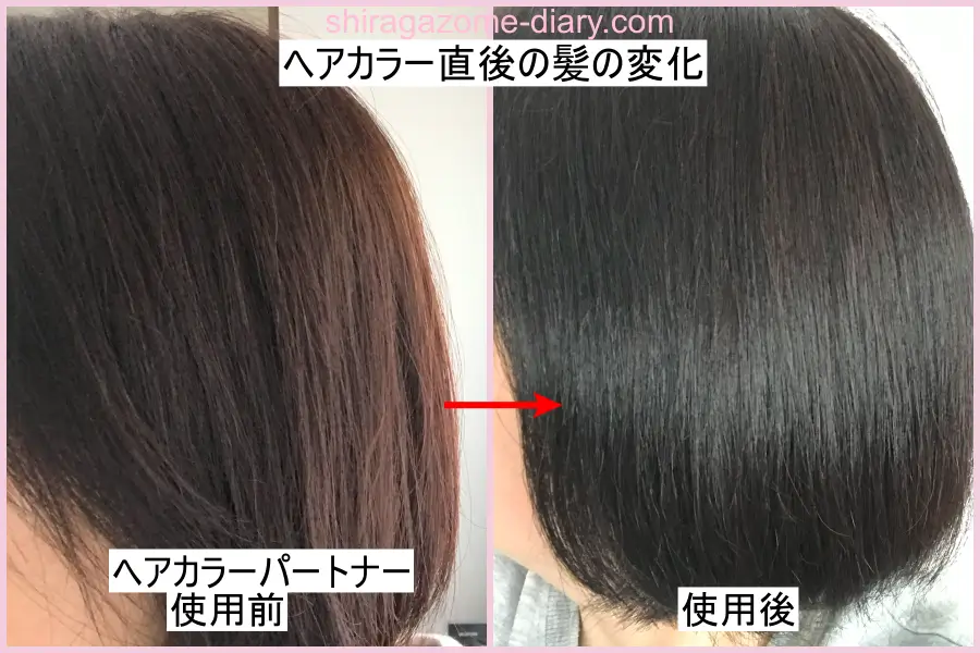 ヘアカラーパートナー（アルカリ除去剤）を使う前と使った後の髪の比較画像